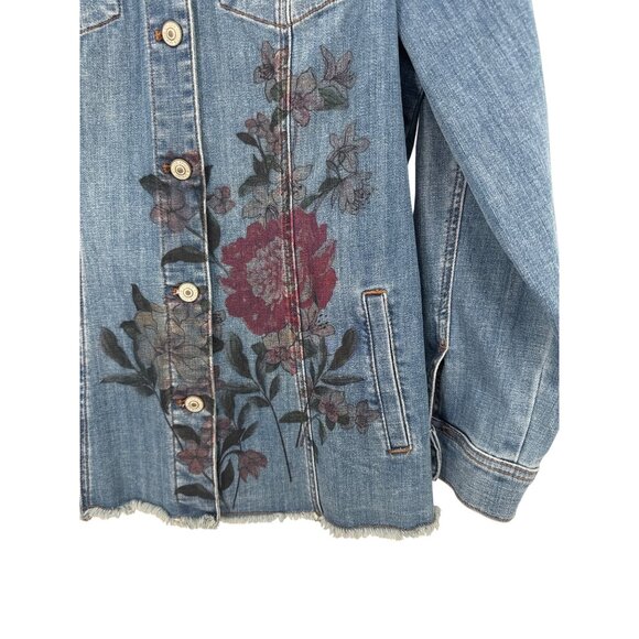 Chicos 3 Denim Jacket Floral Print Button Front Frayed Hem Size XL Womens - Picture 2 of 5